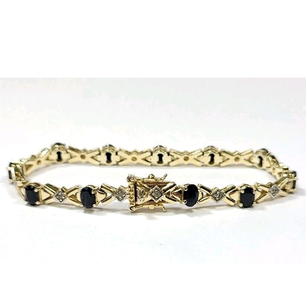Sterling Silver 925 & 14k Gold Sapphire and Diamond Tennis Bracelet 7 3/8"